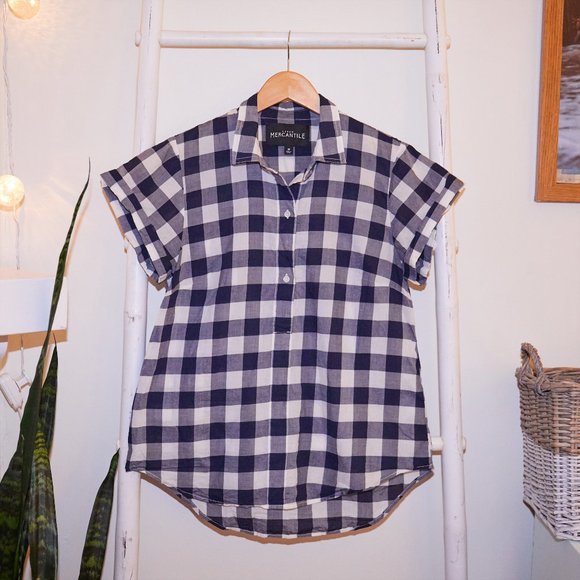 J.Crew Navy White Gingham Collared Top - Picture 2 of 2